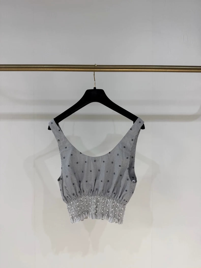Chanel 24P Grey Pearl Striped Double C Top