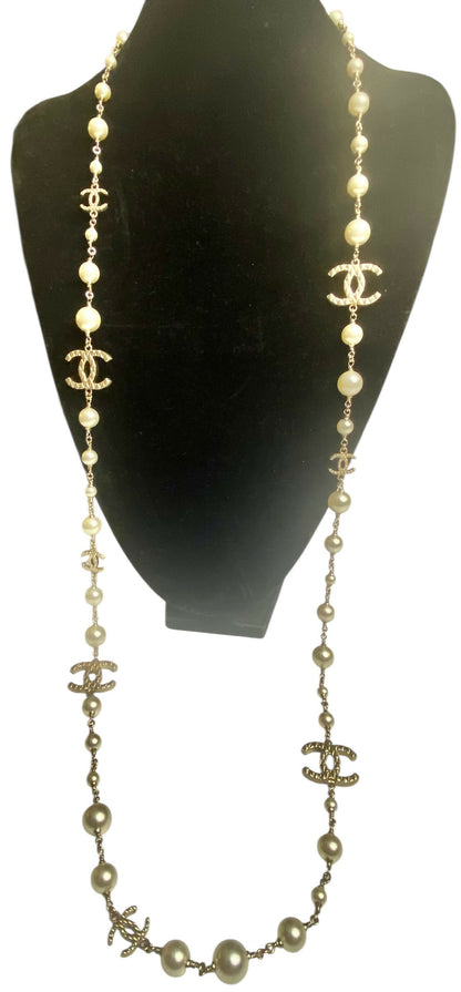 Chanel 10A Shanghai Extra Long Pearl Gold Strand 8 CC Logo Necklace