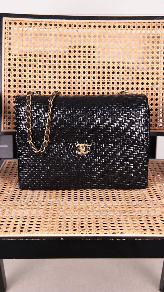 Chanel black and gold rattan CF jumbo shoulder bag