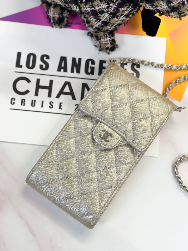 Chanel 21K gold iridescent leather quilted phone chain bag