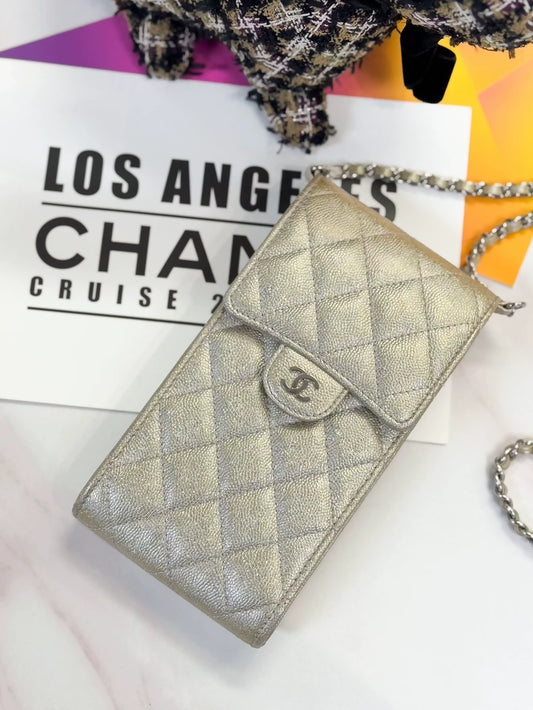 Chanel 21K gold iridescent leather quilted phone chain bag