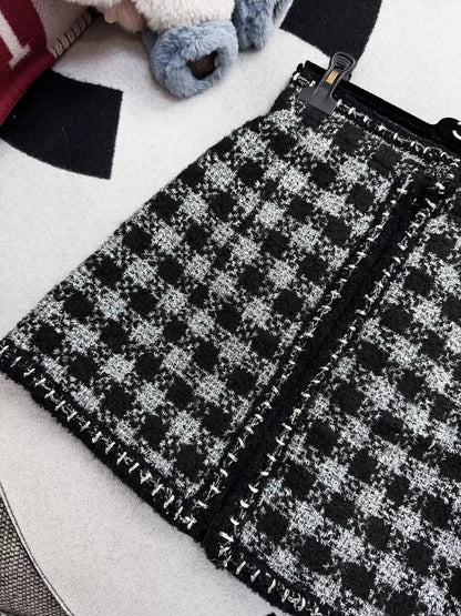 Chanel black and silver Damier tweed skirt