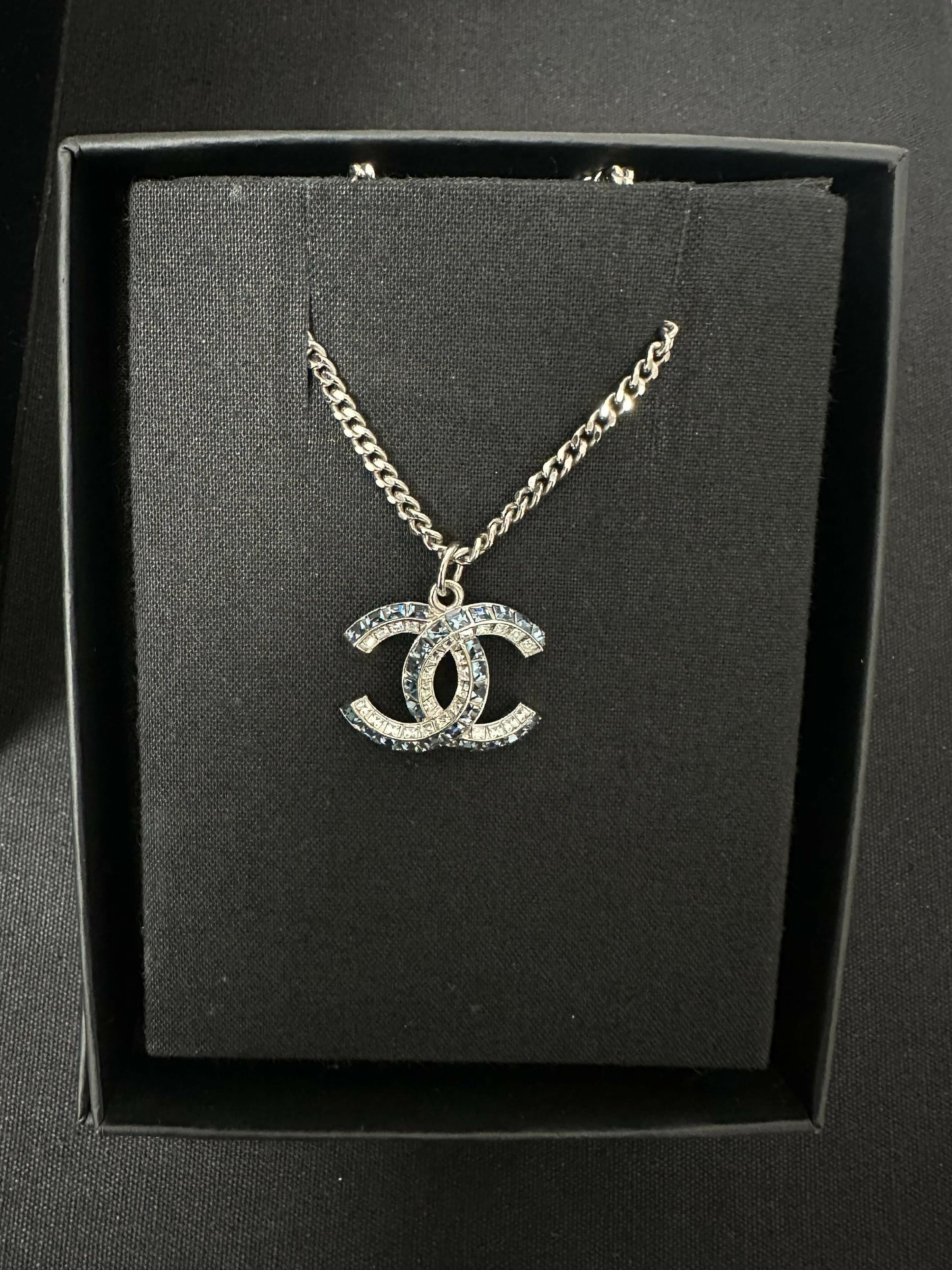 Chanel Rhinestone Blue CC Pendant Necklace