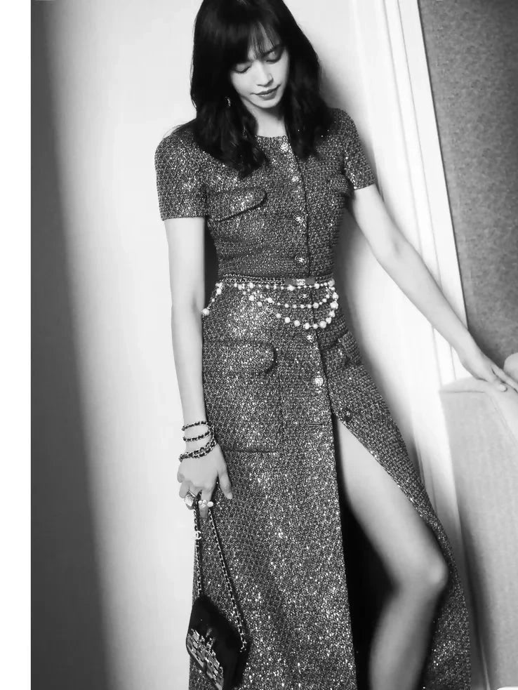 Chanel 21A silver shimmering long dress