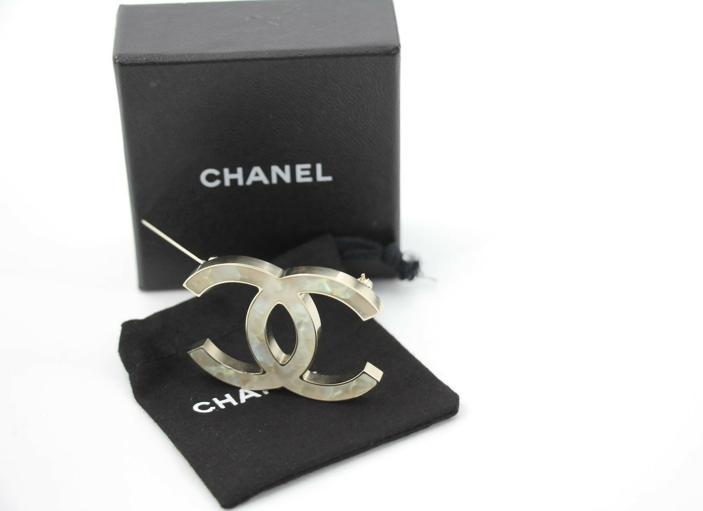 Chanel Vintage B11A Mother-of-Pearl Large CC Matte Gold Brooch