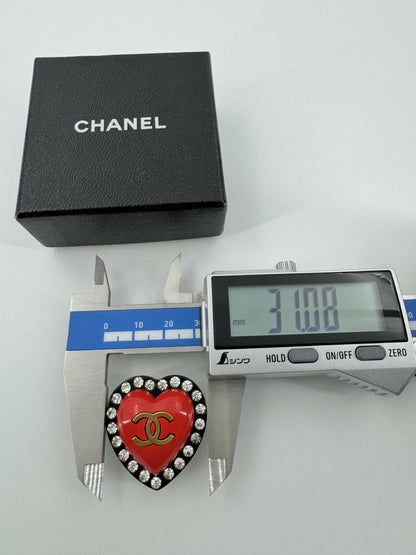 Chanel Vintage 95P Rhinestone & Gold Plated Heart-shaped Black and Red Clip-on Earrings