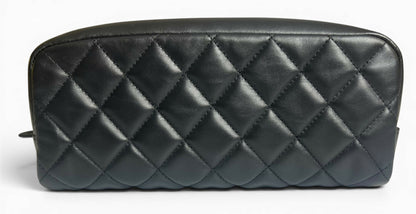 Chanel Black Lambskin Quilted Medium Rectangular Pouch Cosmetic Vanity Case Clutch