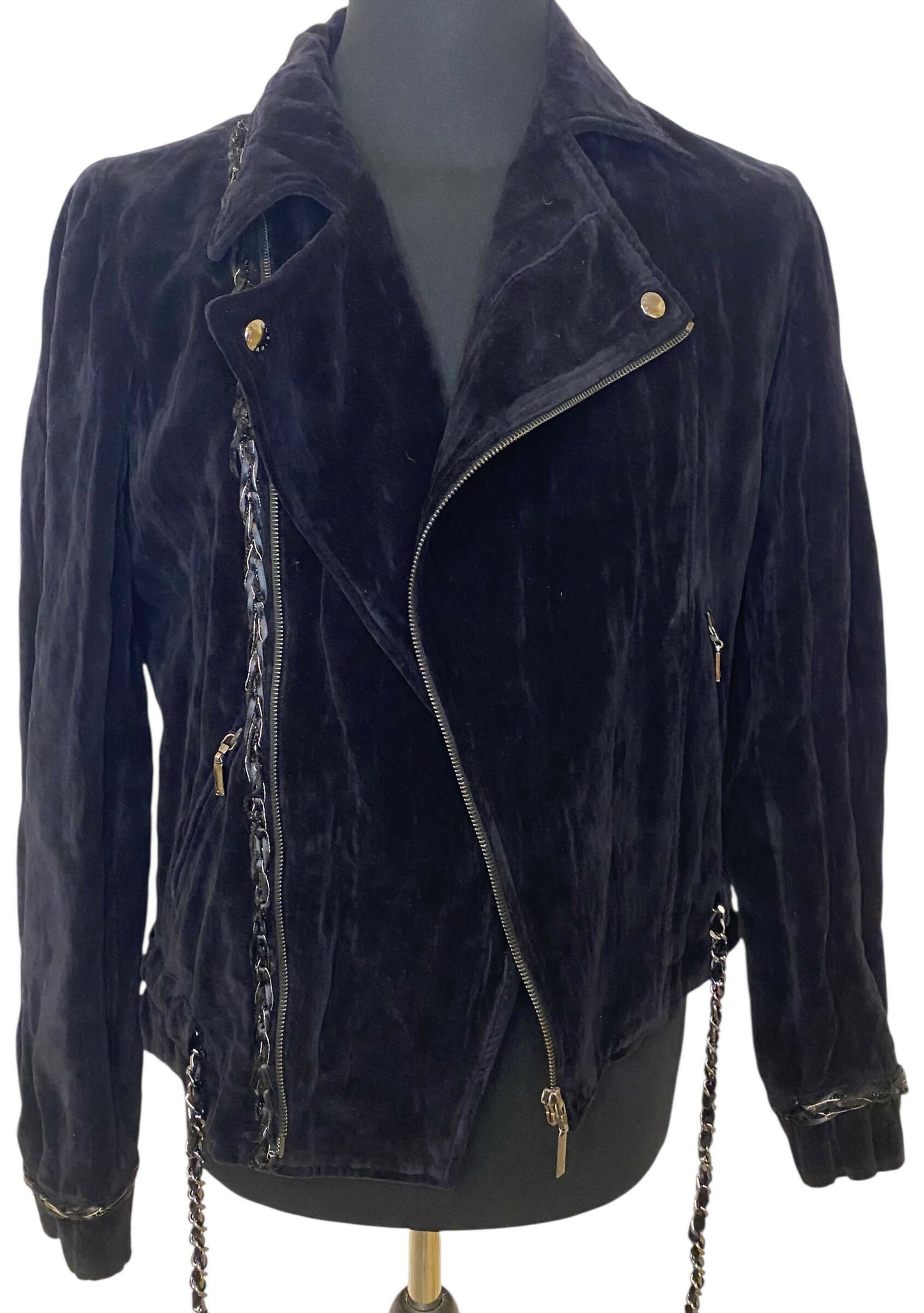 Chanel 06A Black Washed Velvet Bomber Biker Jacket Removable Chain Link Belt FR 48