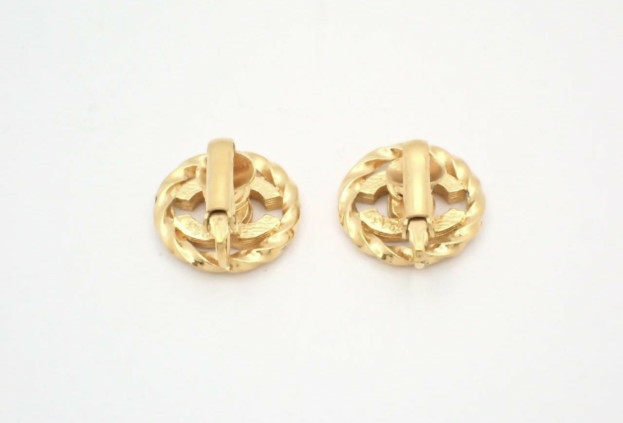 Chanel Vintage Rhinestone Gold Plated CC Logo Clip-on Earrings