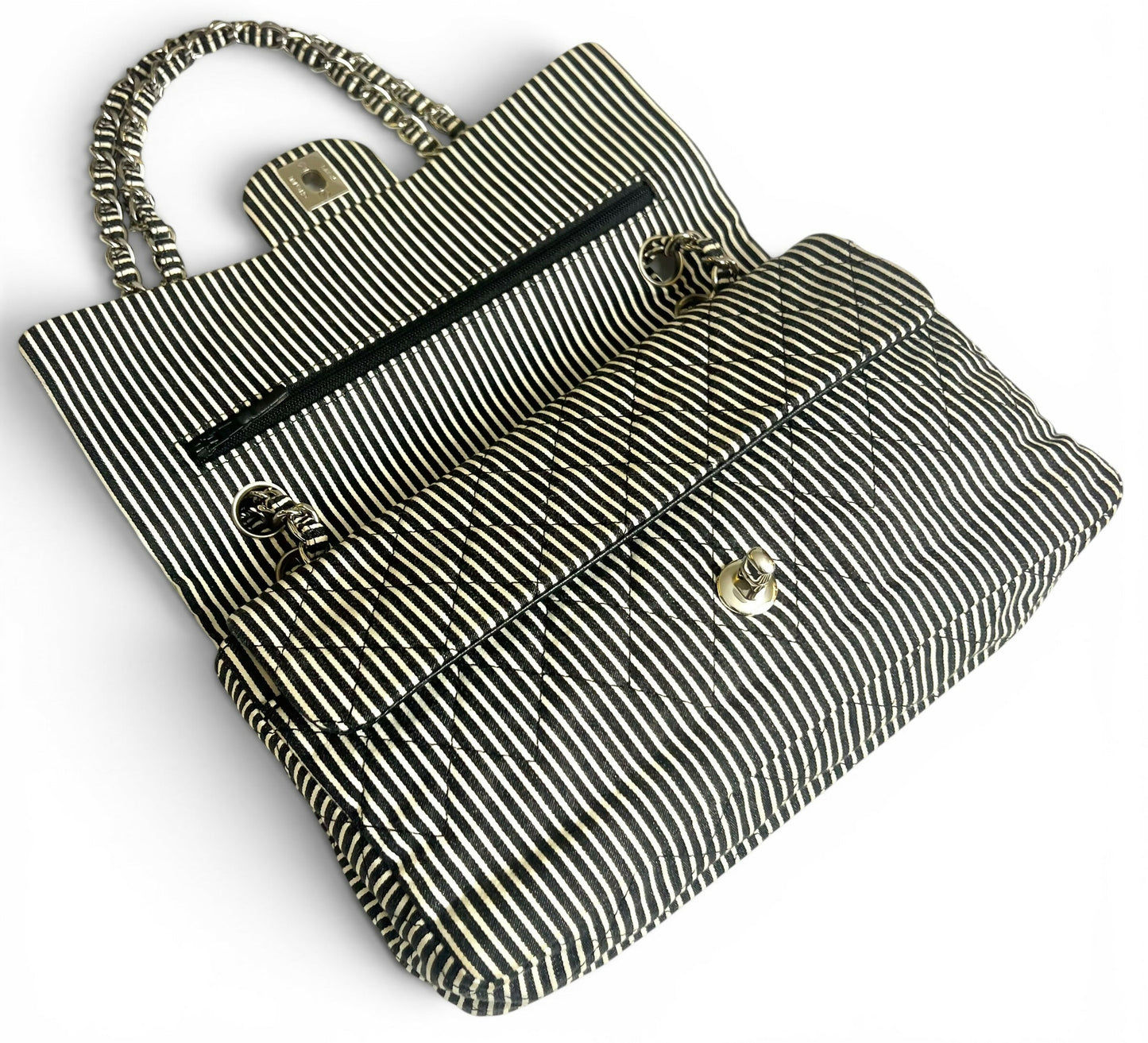 Chanel 08C Medium Black White Stripe Denim Canvas Classic Double Flap Bag