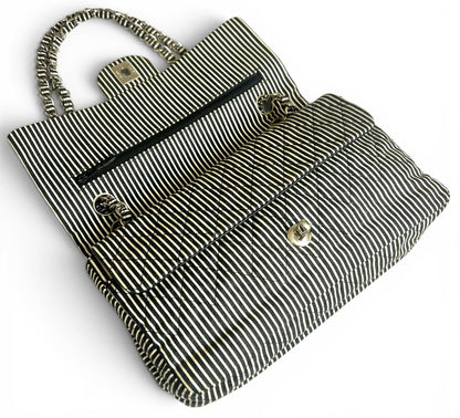 Chanel 08C Medium Black White Stripe Denim Canvas Classic Double Flap Bag