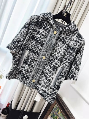 Chanel black and white check knit hooded jacket with gold buttons