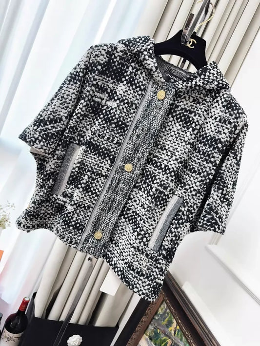 Chanel black and white check knit hooded jacket with gold buttons