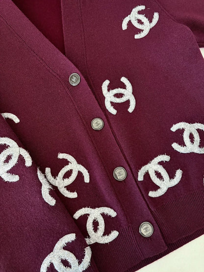 Chanel 22A Burgundy Sequined Logo Cashmere Knit Cardigan