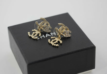 Chanel Vintage 10A Rhinestone Metal Triple CC Stud Earrings