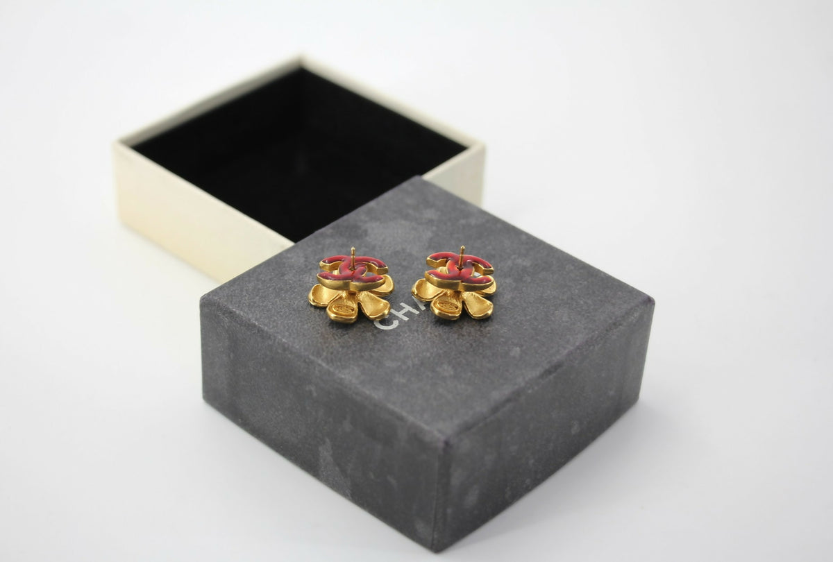Chanel Vintage 03P Enamel Gold and Red Floral Stacked Stud Earrings