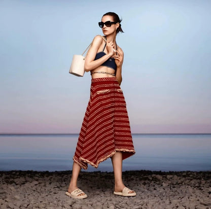 Chanel 21C red striped tweed skirt