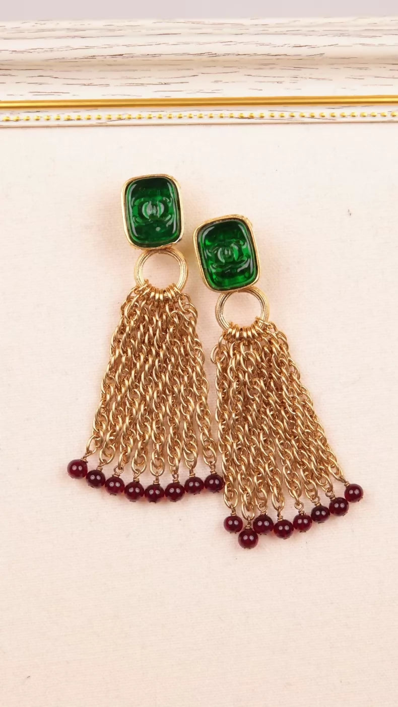 Chanel 1993 Green Glass Tassel Earrings