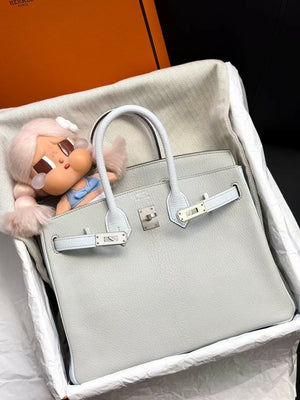 Hermès Birkin 25 Special Order (HSS) Gris Perle / Pearl Grey with Bleu Brume / Fog Blue Interior Bicolor Chevre Mysore / Goatskin Leather with Brushed Palladium Hardware