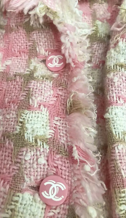 Chanel 04C Pink White Cream Fringe Tweed Checker Jacket FR 42