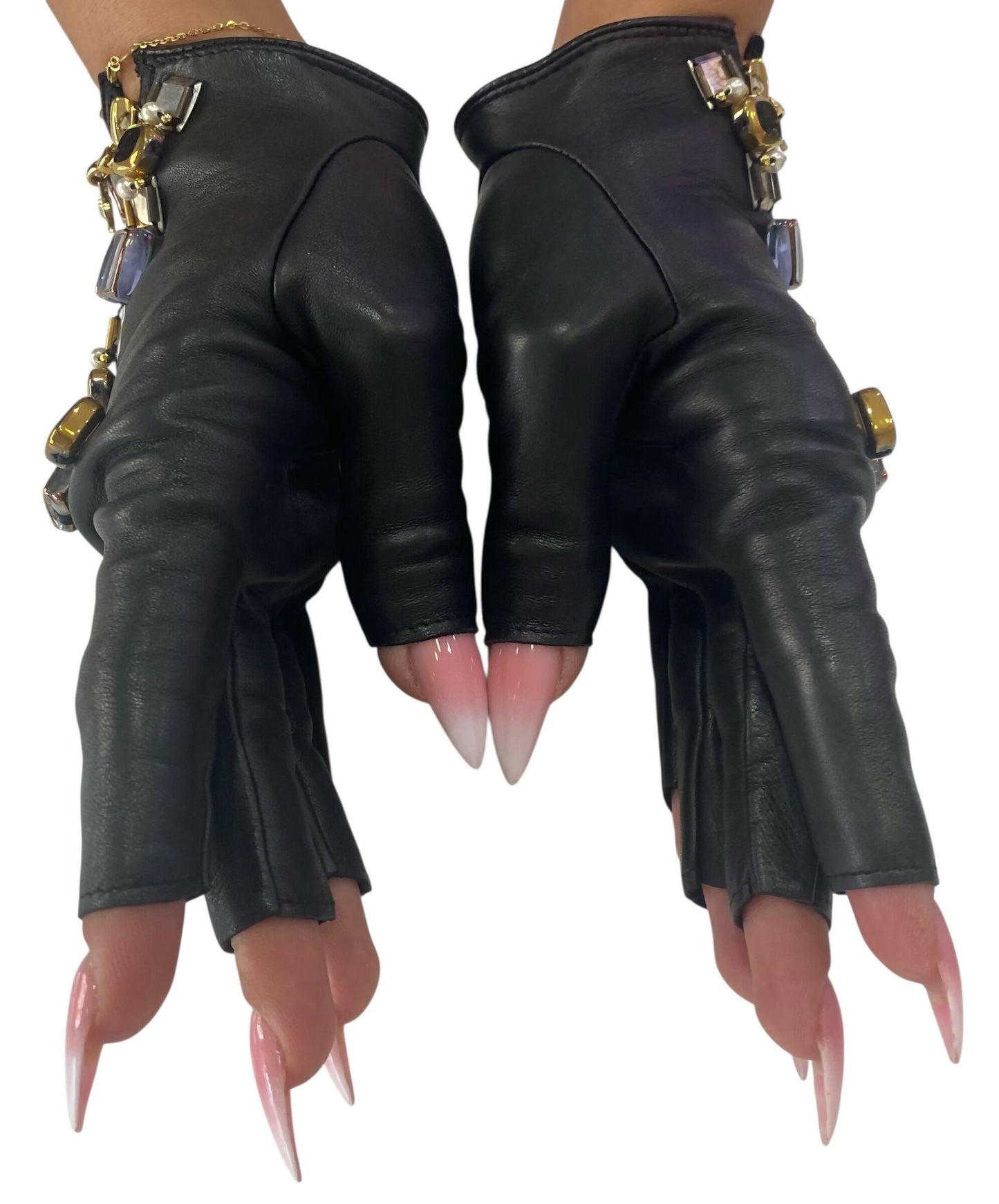 RARE New Chanel 11A Paris Byzance Black Leather Stones Gloves Size 7