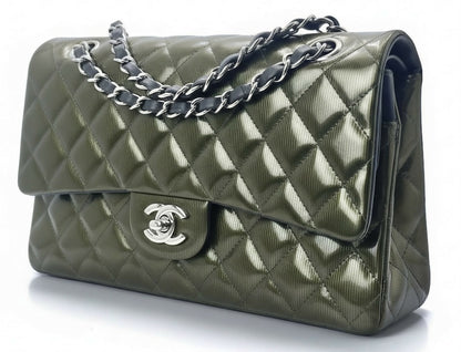 Chanel Medium Double Flap Green Straited Patent Leather Timeless Classic Bag SHW
