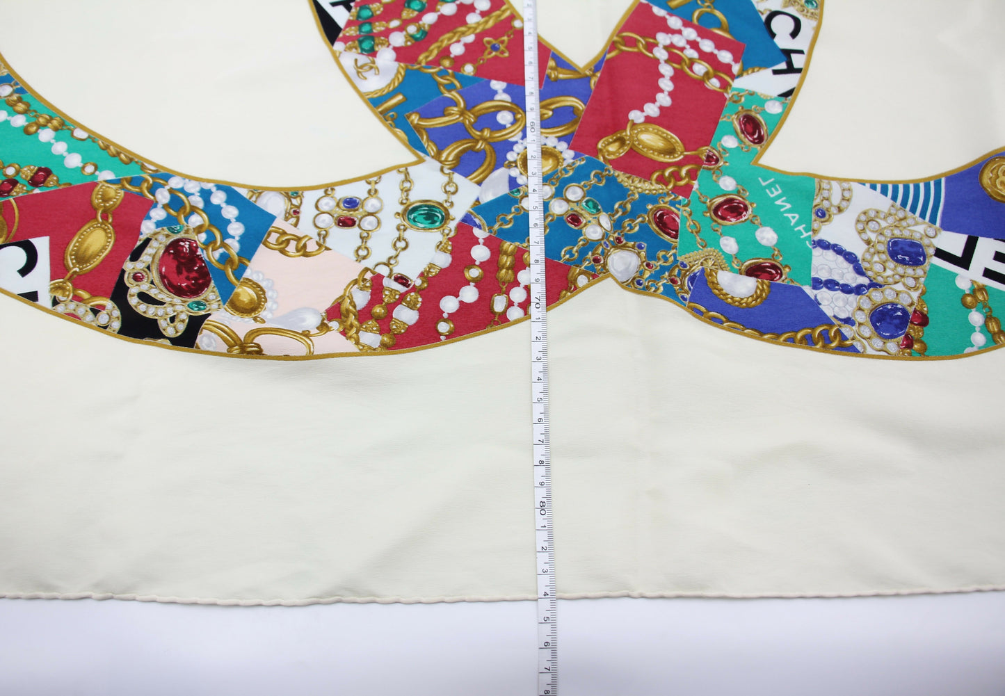 Chanel 100% Silk Beige Jewelry Pattern Scarf