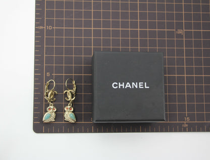 Chanel 18C Metal Owl CC Logo Pendant Earrings