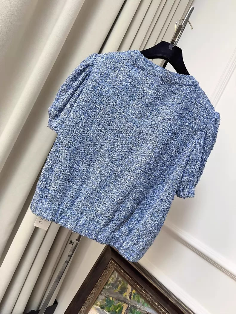 Chanel 24P Blue Tweed Short-Sleeved Jacket