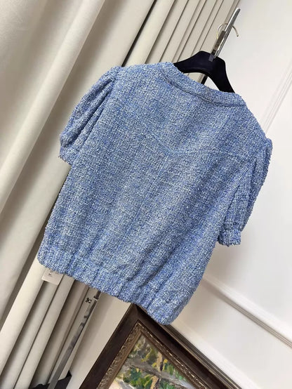 Chanel 24P Blue Tweed Short-Sleeved Jacket