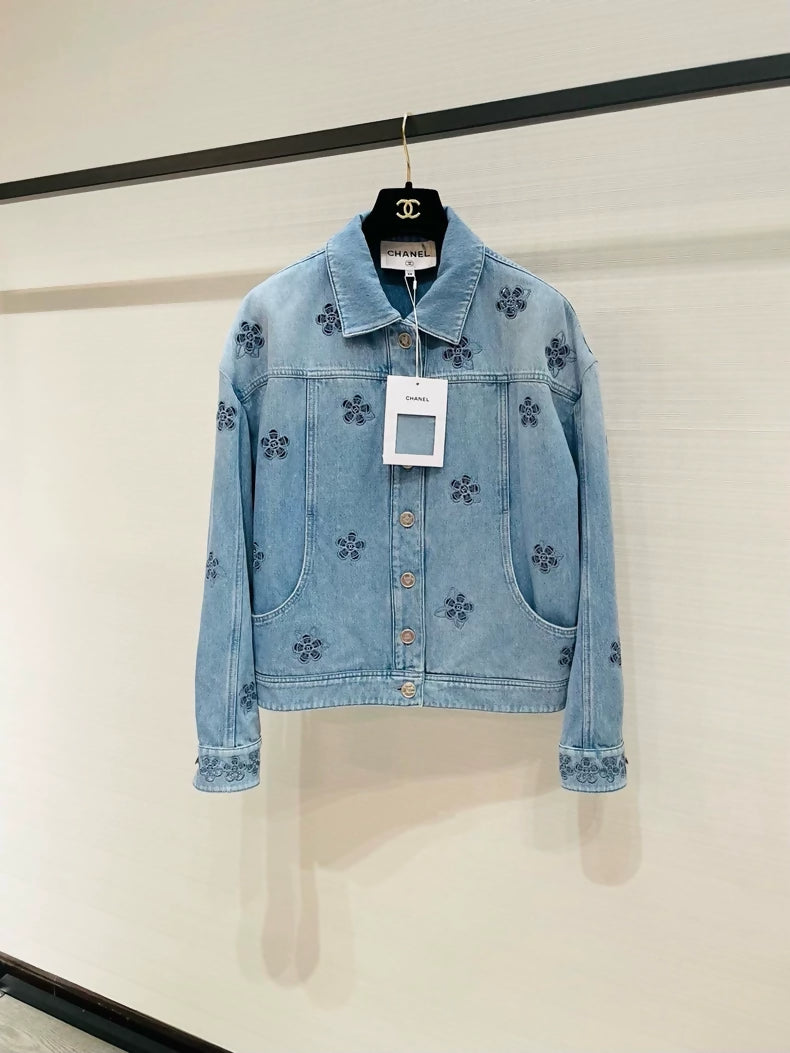 Chanel 24B Camellia embroidered denim jacket