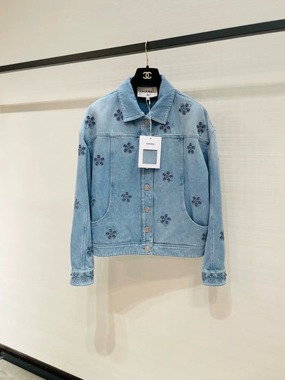 Chanel 24B Camellia embroidered denim jacket