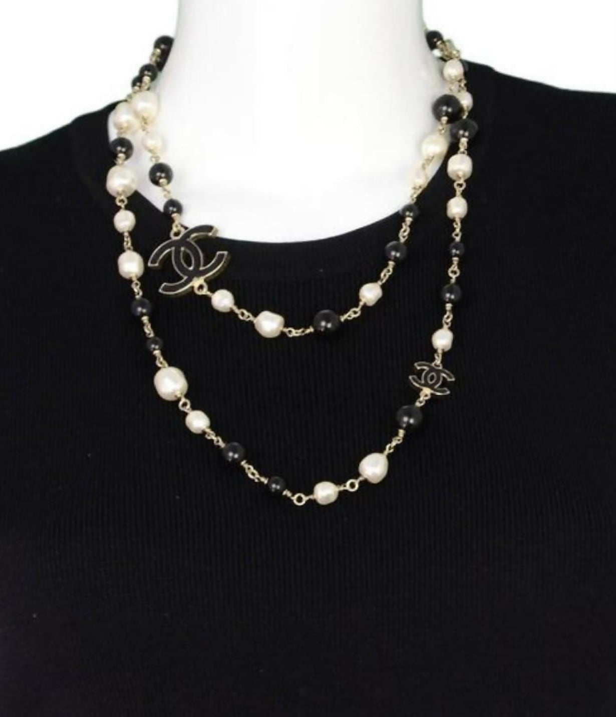 Chanel 12P Classic Long Strand Black White Freshwater Pearl and Bead Necklace GHW