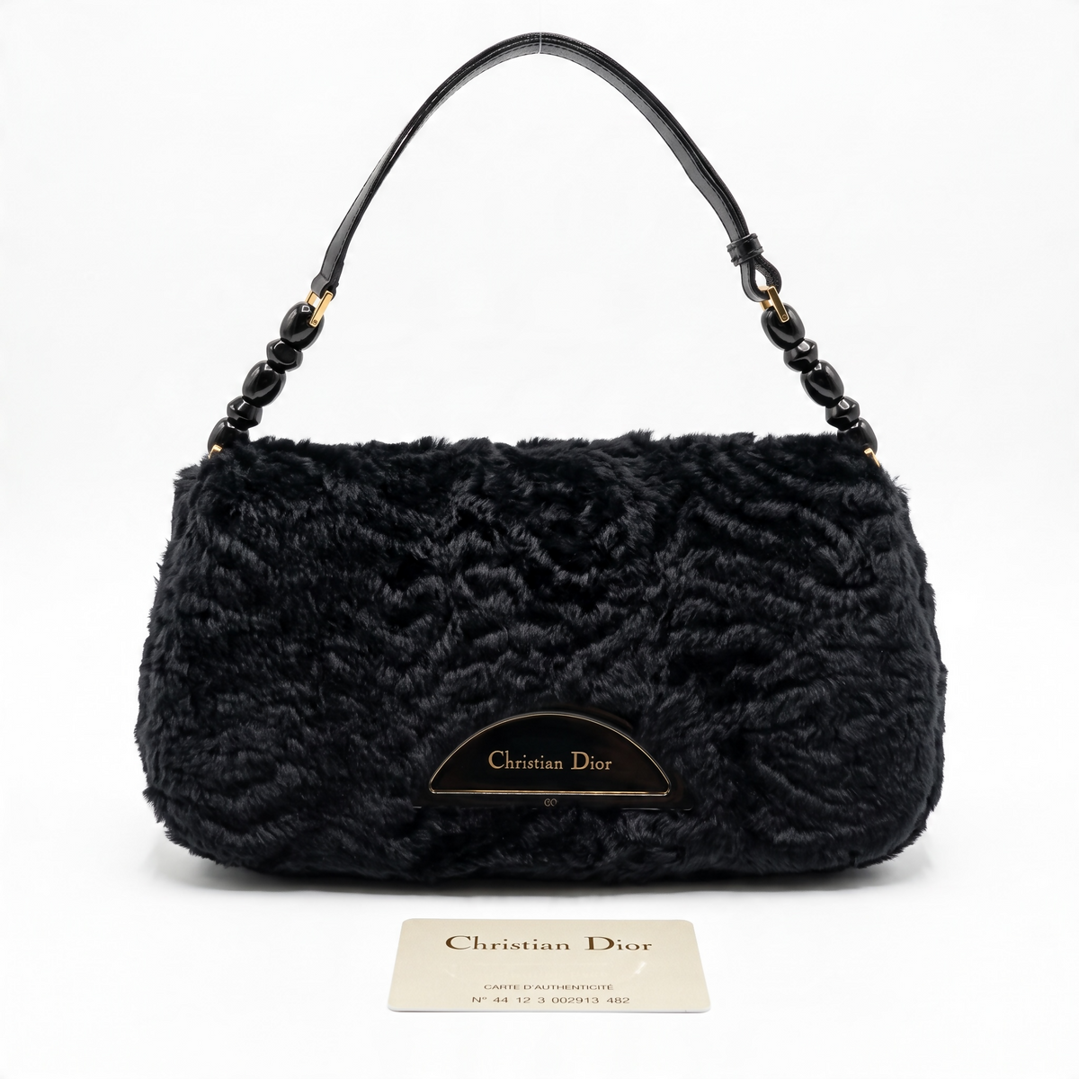 CHRISTIAN DIOR 2000 BLACK GOLD ASTRAKHAN FUR MALICE BAG GHW