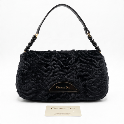 CHRISTIAN DIOR 2000 BLACK GOLD ASTRAKHAN FUR MALICE BAG GHW