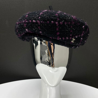 Chanel purple and black tweed sequined beret