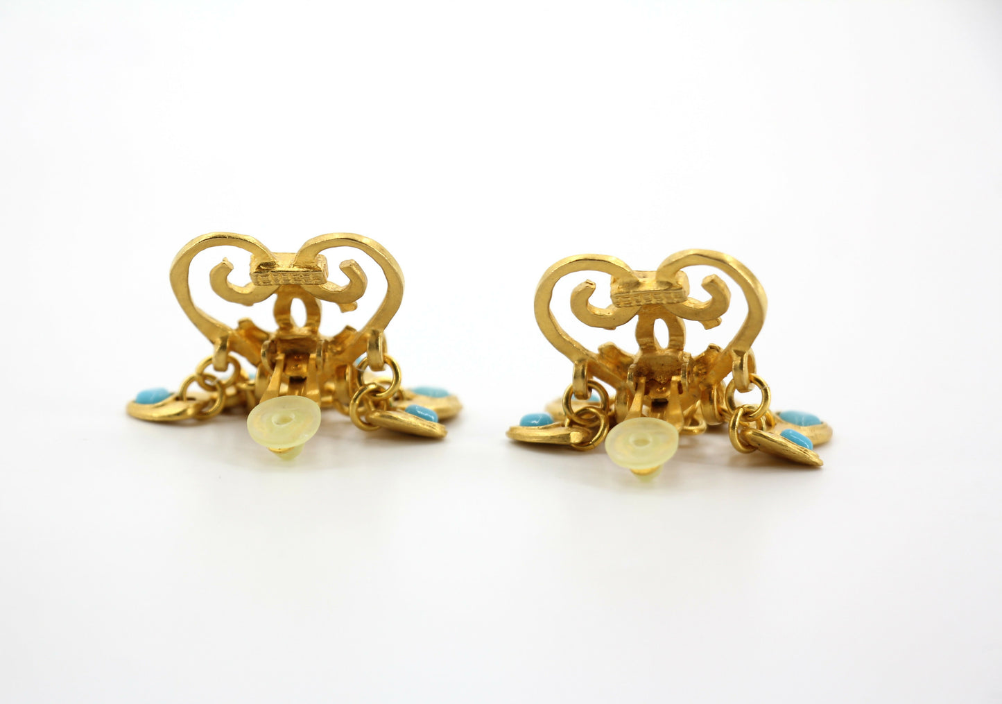 Chanel Vintage 95P Turquoise & Gold Plated Heart Dangle Earrings