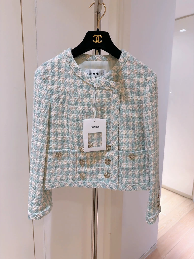 Chanel 23S Mint Green Houndstooth Tweed Jacket