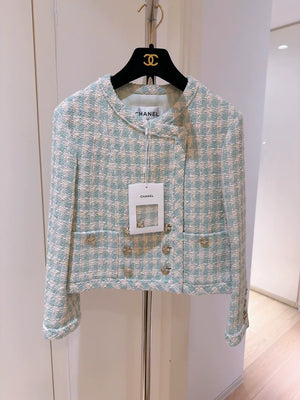Chanel 23S Mint Green Houndstooth Tweed Jacket