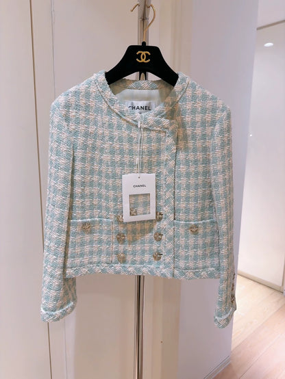 Chanel 23S Mint Green Houndstooth Tweed Jacket