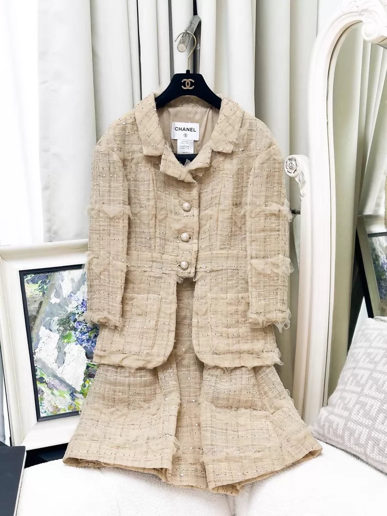 Chanel 12S beige embroidered bow tweed jacket & dress set