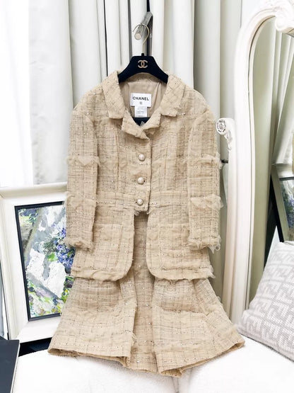 Chanel 12S beige embroidered bow tweed jacket & dress set