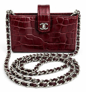 Rare Chanel Burgundy Crocodile Chain Holder Pouch Mini Clutch Bag