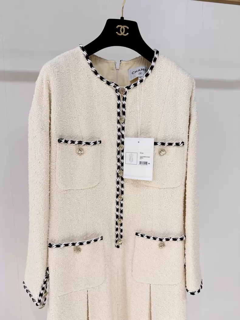 Chanel 21S off-white four-pocket tweed dress with pleats