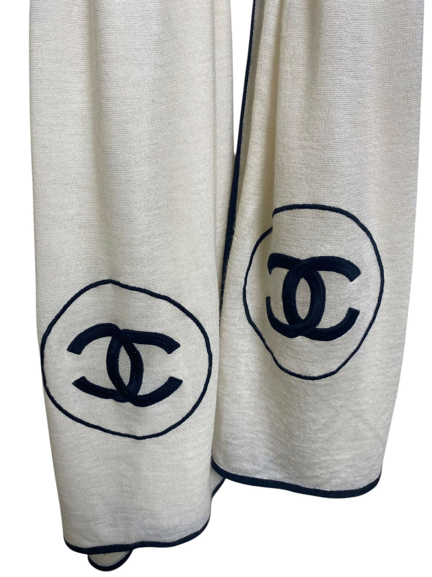 Chanel XL Ivory Black Cashmere Double CC Stole Shawl Scarf