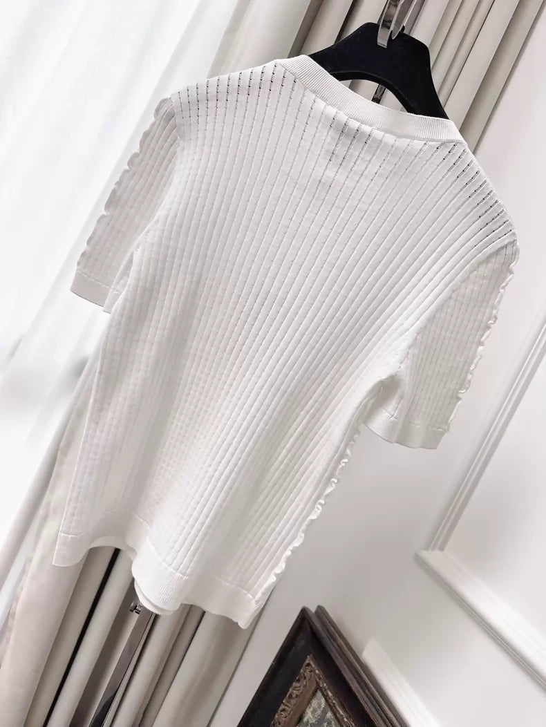 Chanel 22S Basic White Knit T-shirt Top with Small Double C Logo