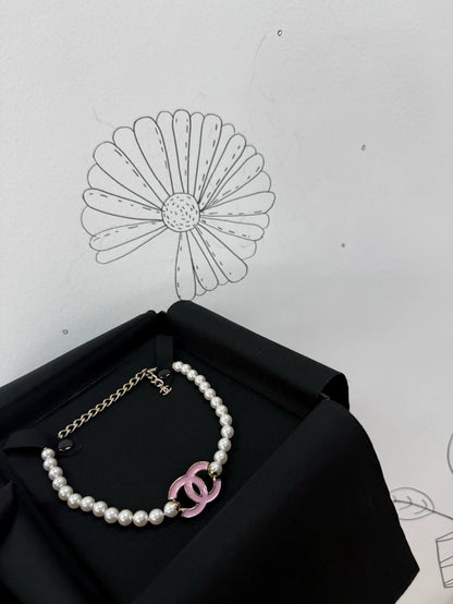 Chanel 25p pearl pink double C enamel necklace choker