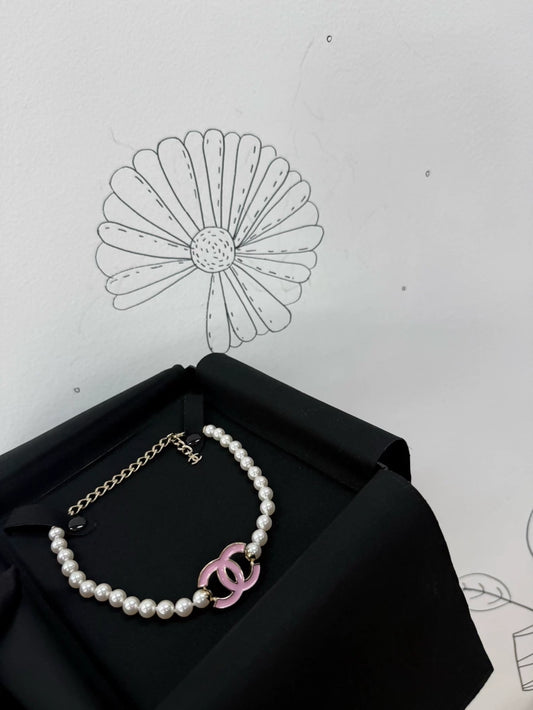 Chanel 25p pearl pink double C enamel necklace choker