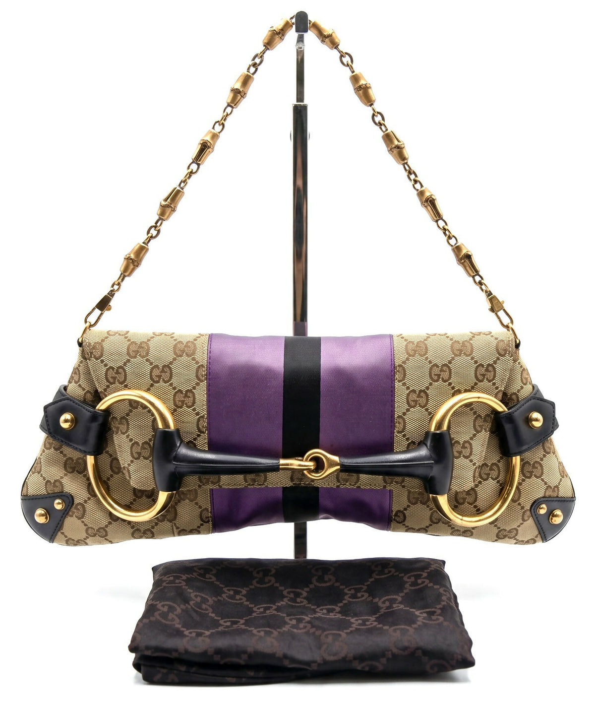 Gucci Large 1955 Tom Ford Classic Purple Black GG Monogram Horsebit Clutch Handbag Gold hardware