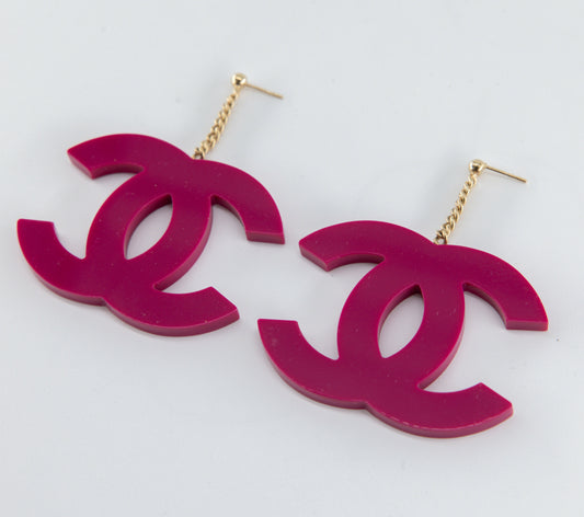 Chanel 2000s Pink Acrylic Large Logo Dangle Earrings